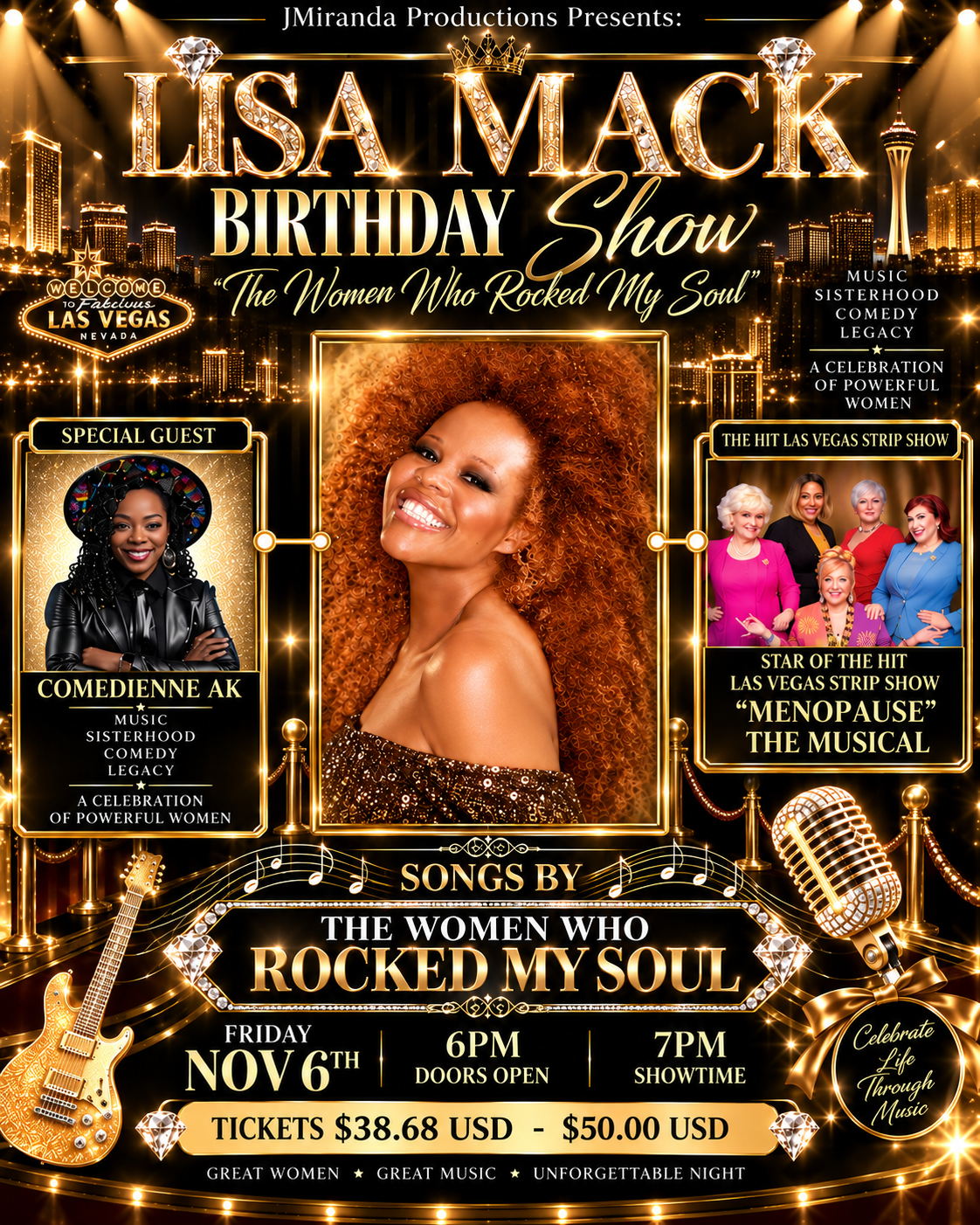 Lisa Mack Birthday Show poster — JMiranda Productions presents Lisa Mack with special guest comedienne AK, Friday November 6th, tickets $35 at Thecomposersroom.com