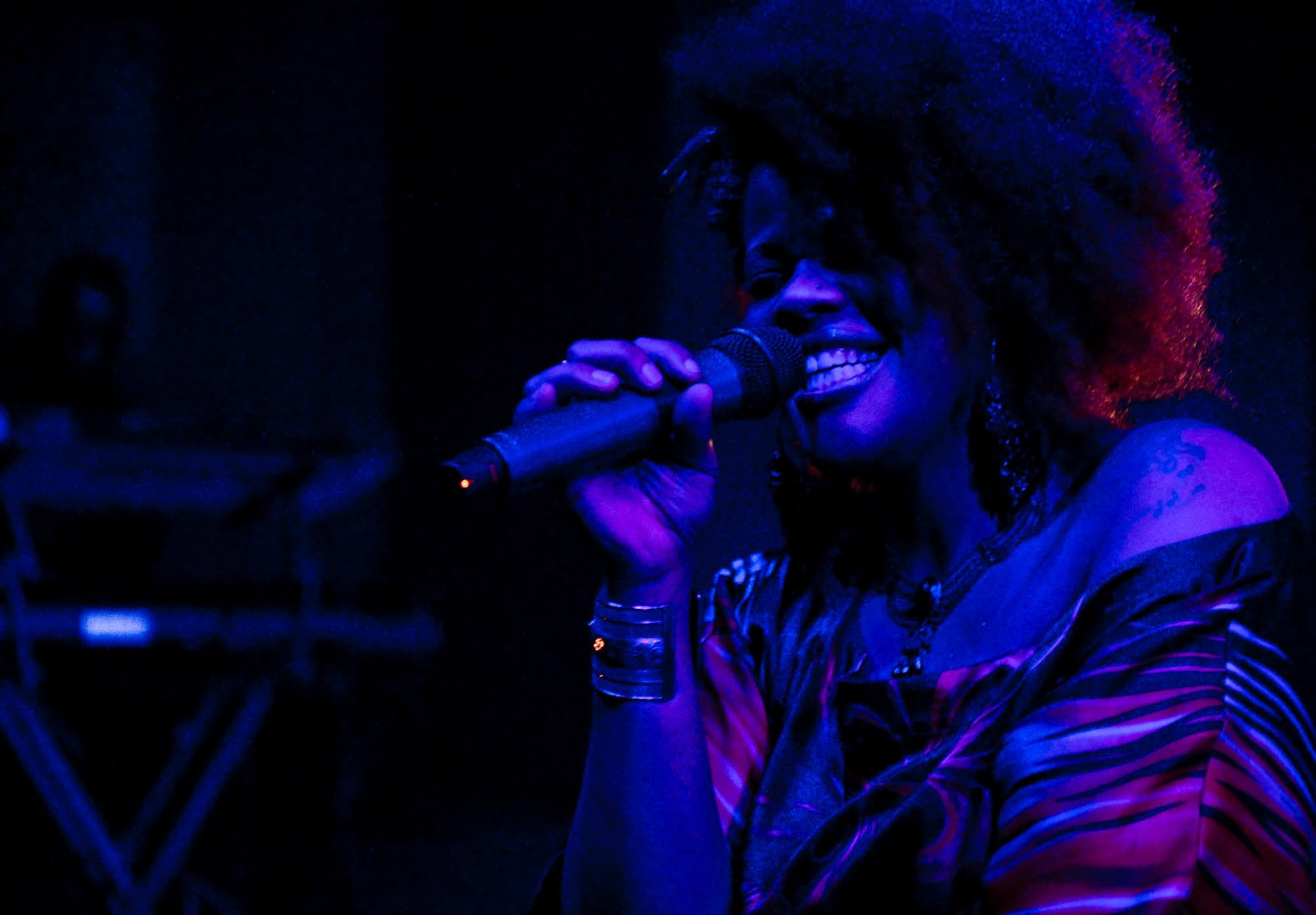Lisa Mack smiling during a live performance